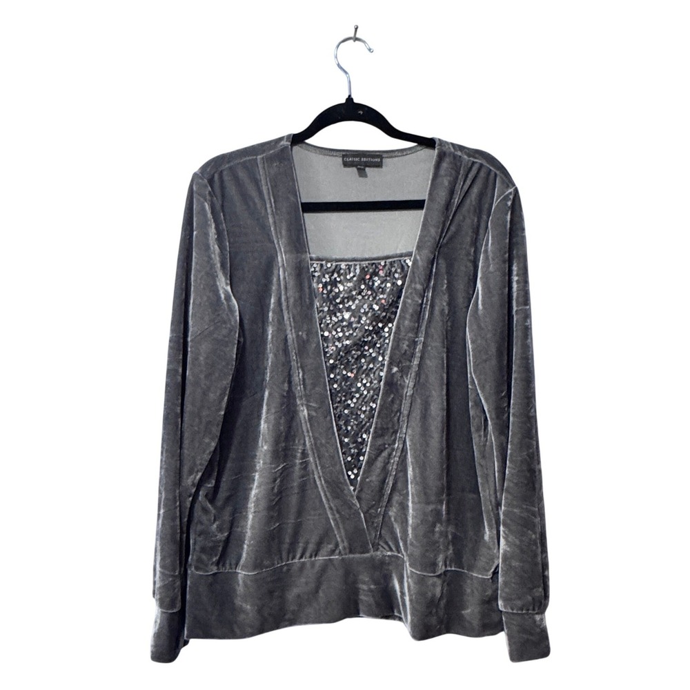 CLASSIC‎ EDITIONS Sequin V-Neck Velvet Long Sleeve Top Women M/M Gray